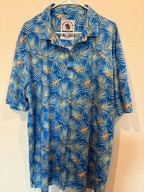 Reel Legends Blue Palm-Print Polo with Yellow Accents